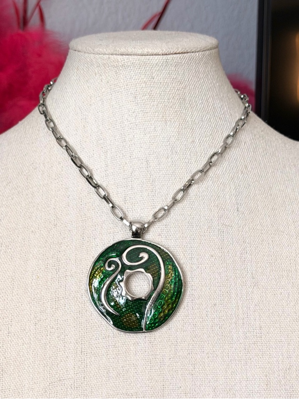 Handcrafted Green Enamel Silver-Tone Swirl Pendant Necklace and Earrings